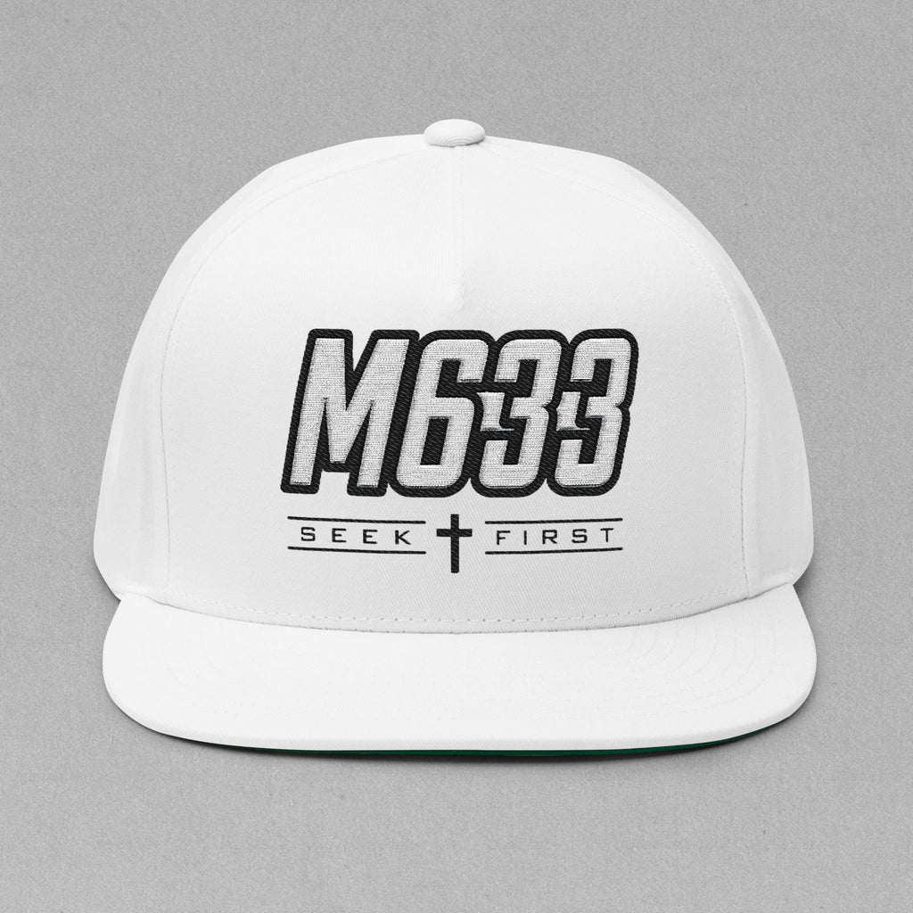 M633 “Seek First” White Christian Snapback Hat | Matthew 6:33 Faith Streetwear Cap