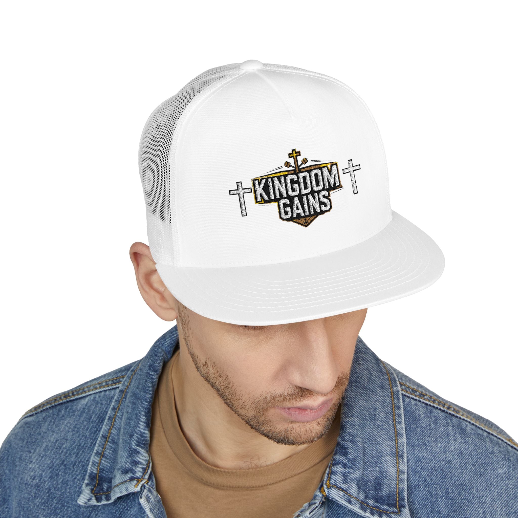 Kingdom Gains Embroidered 5 Panel Trucker Cap | Faith-Inspired Gym Hat, Casual Streetwear, Christian Gift for Fitness Enthusiasts