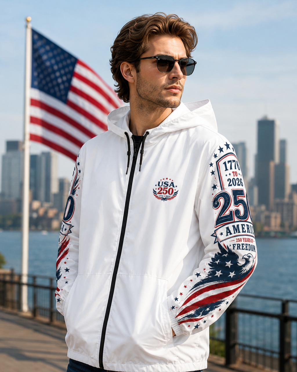 USA 250 Windbreaker Jacket | 250 Years of Freedom Patriotic Hooded Jacket