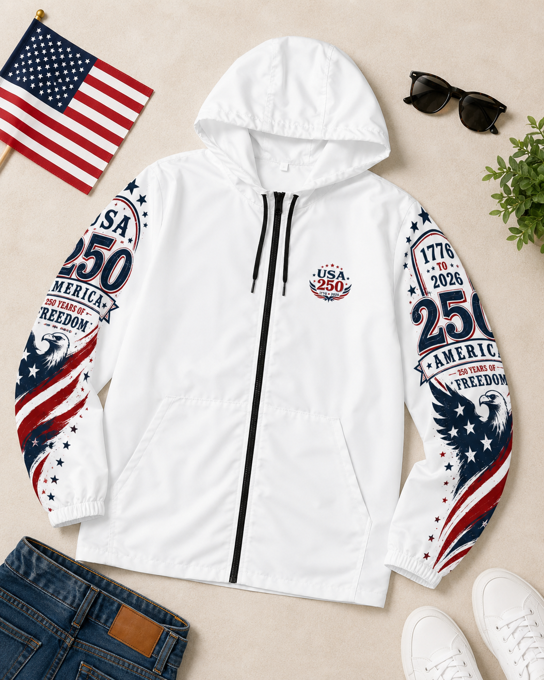 USA 250 Windbreaker Jacket | 250 Years of Freedom Patriotic Hooded Jacket