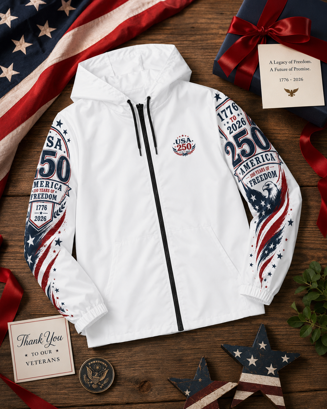 USA 250 Windbreaker Jacket | 250 Years of Freedom Patriotic Hooded Jacket