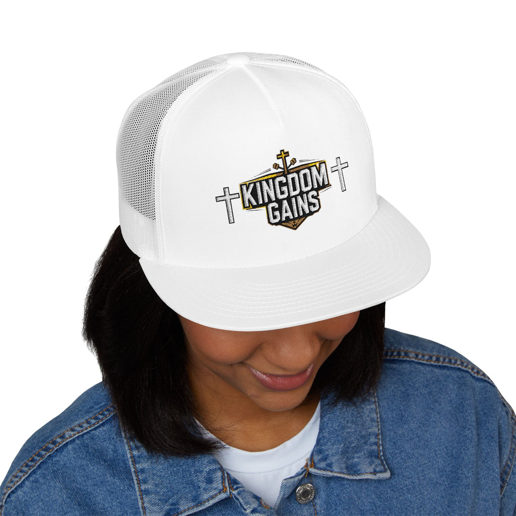 Kingdom Gains Embroidered 5 Panel Trucker Cap | Faith-Inspired Gym Hat, Casual Streetwear, Christian Gift for Fitness Enthusiasts