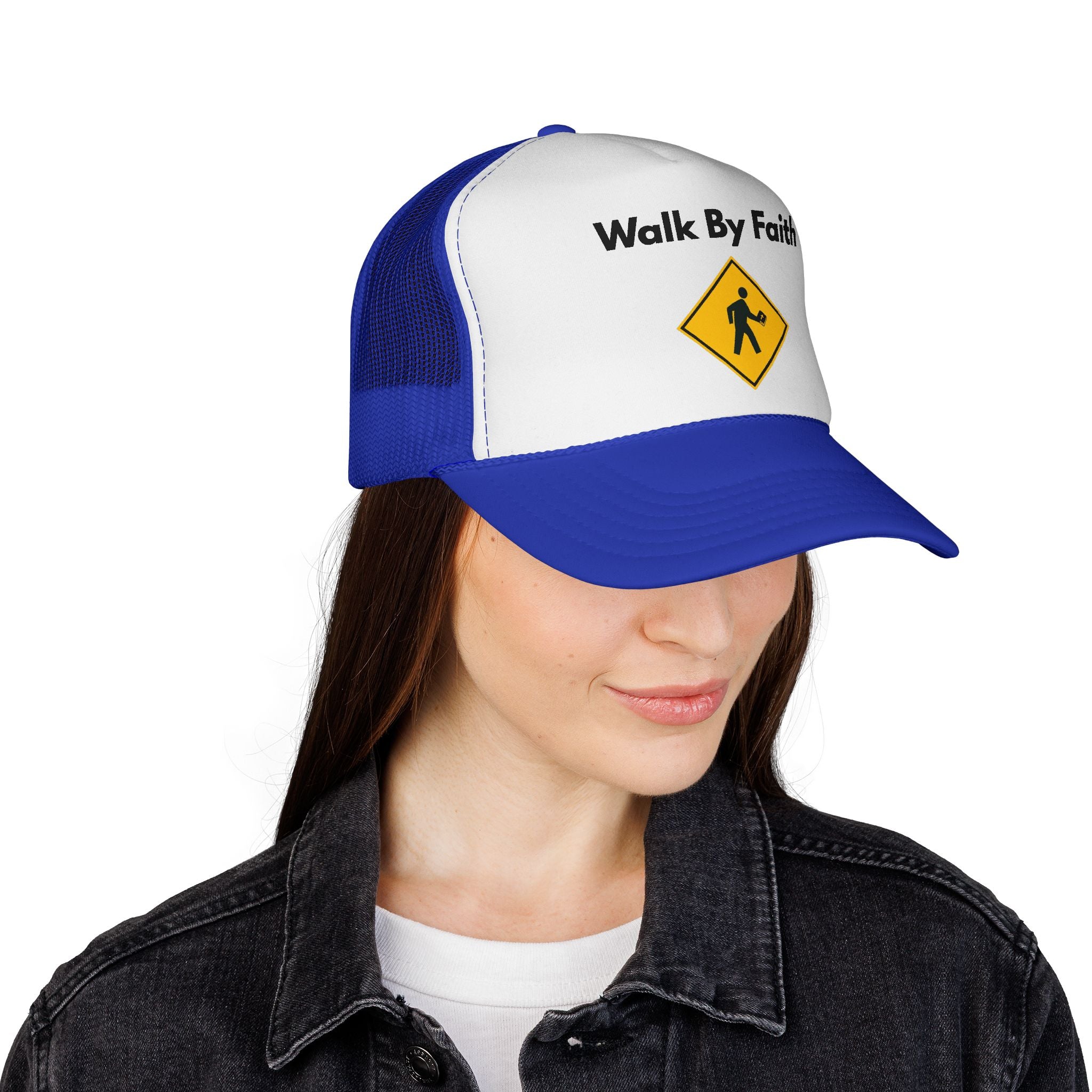Walk By Faith Trucker Hat Christian Baseball Cap with Walk Sign Design, Faith-Based Headwear, Inspirational Christian Gift