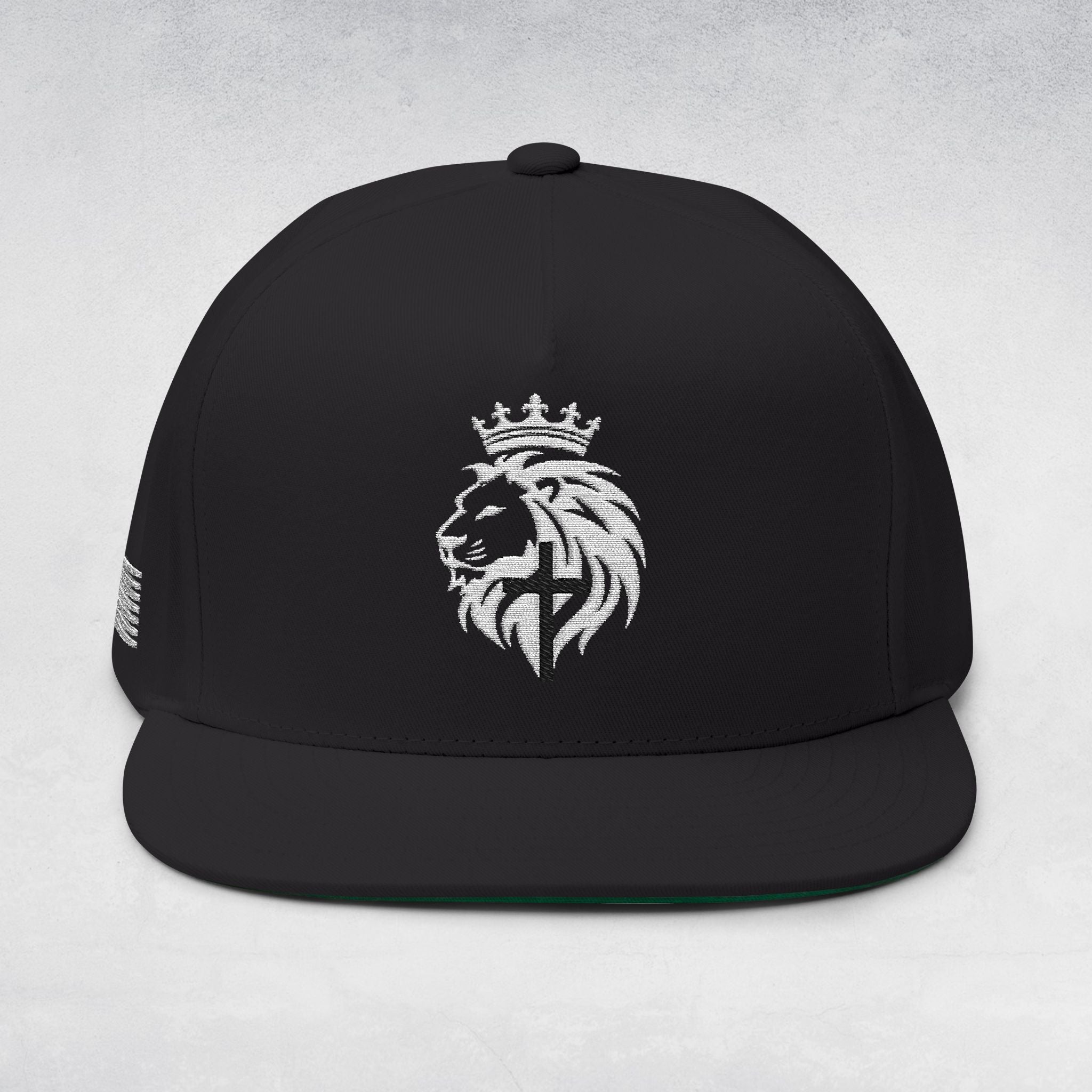 Black Majestic Lion of Judah Flat Bill Cap | Embroidered Crown Snapback Hat | Revelation 5:5 | Christian Streetwear & Gift