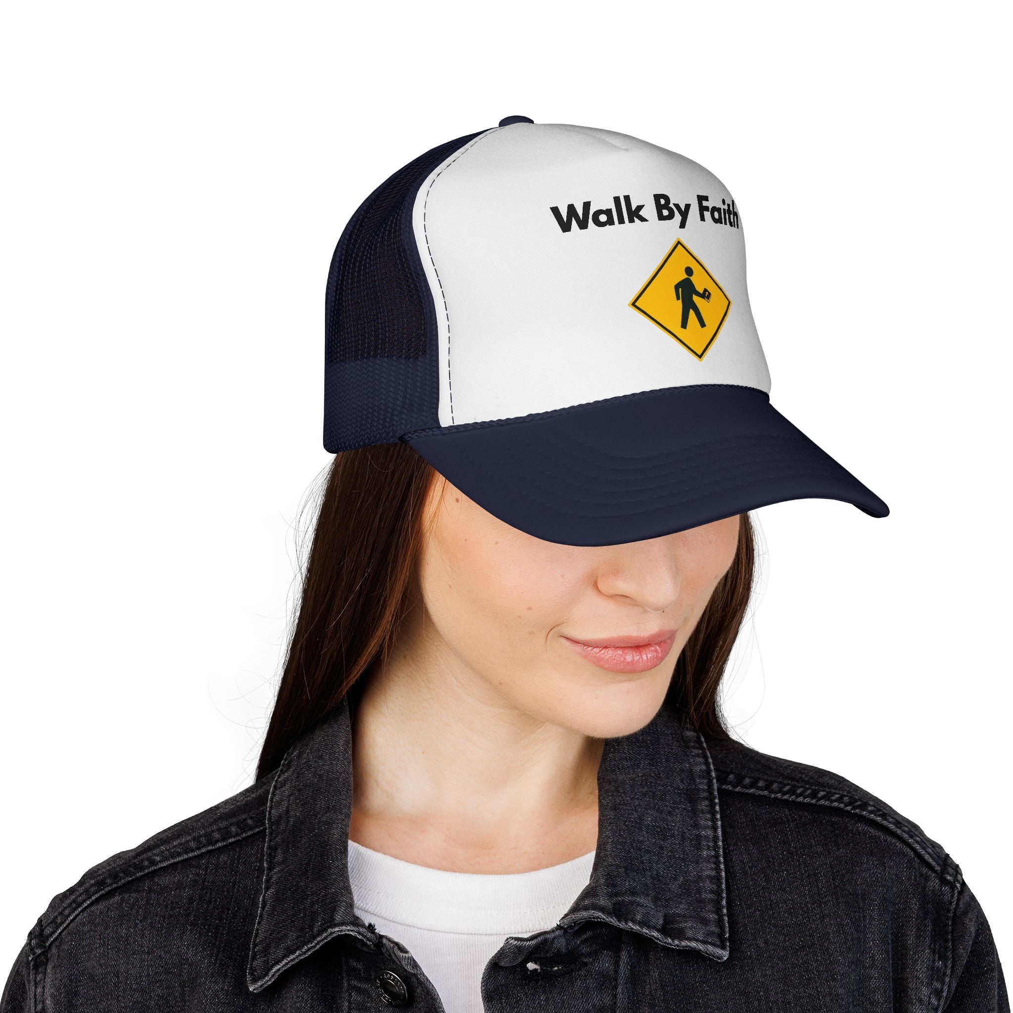 Walk By Faith Trucker Hat Christian Baseball Cap with Walk Sign Design, Faith-Based Headwear, Inspirational Christian Gift