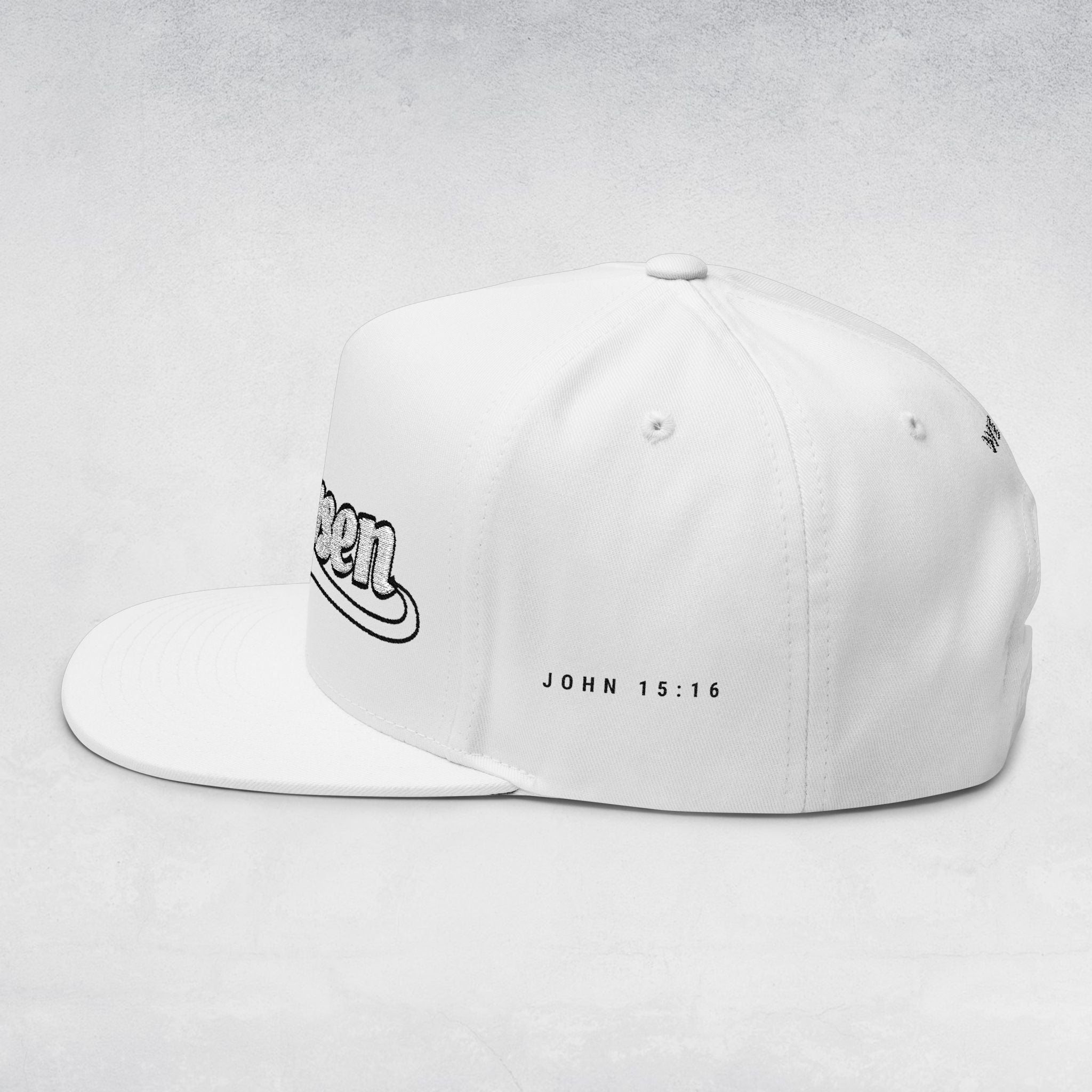 The Chosen Flat Bill Cap- White on white
