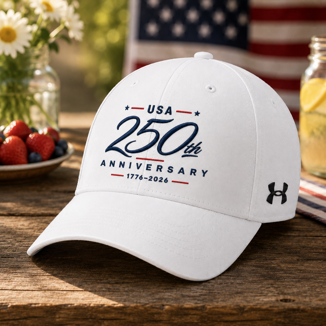 USA 250th Anniversary Embroidered Cap | 1776–2026 Patriotic White Baseball Hat
