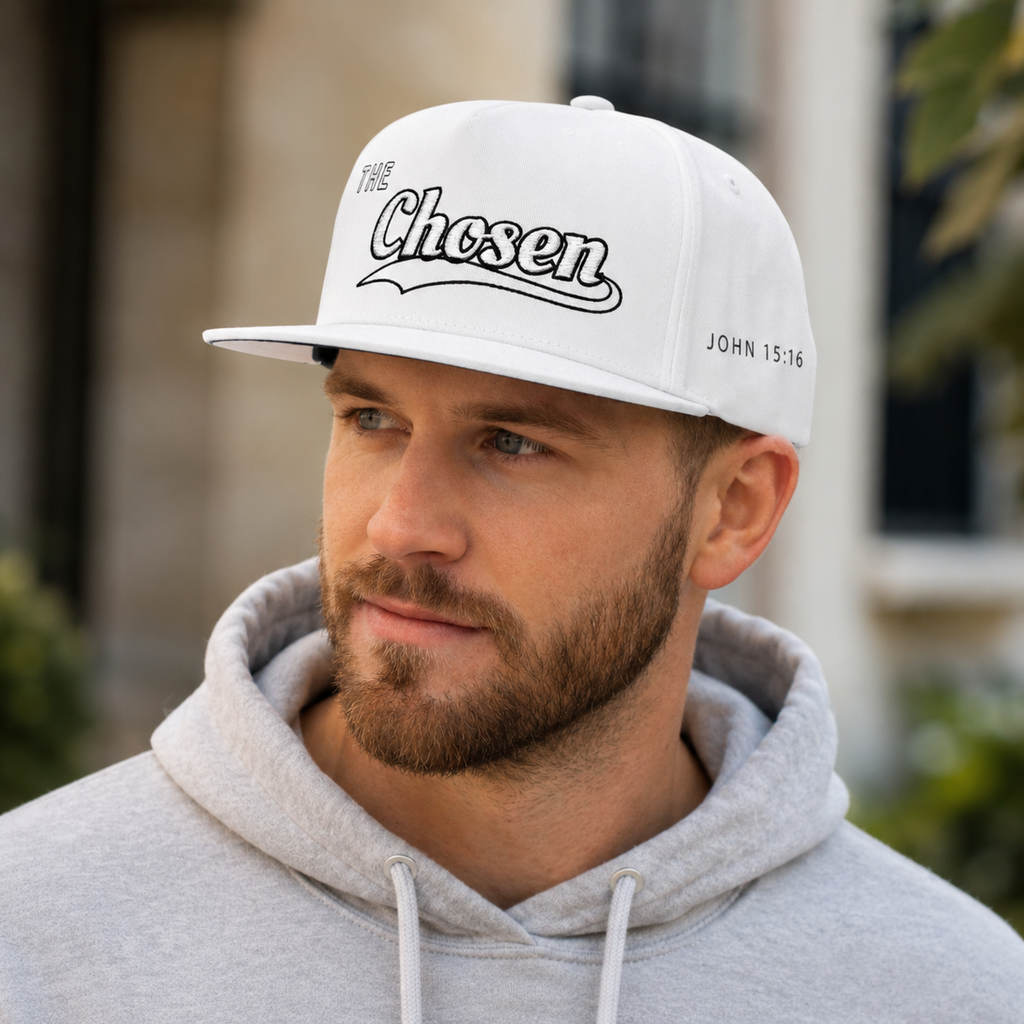 The Chosen Flat Bill Cap- White on white
