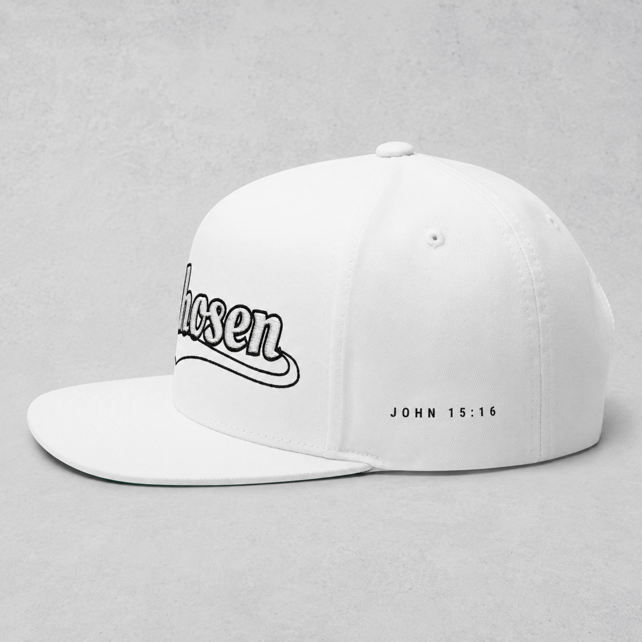 The Chosen Flat Bill Cap- White on white