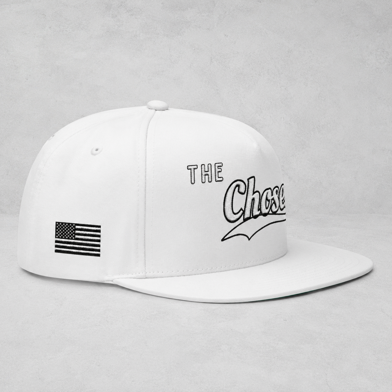 The Chosen Flat Bill Cap- White on white