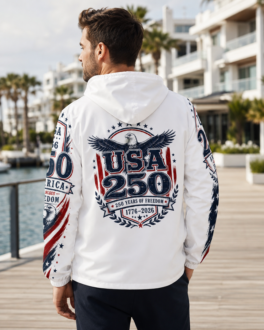 USA 250 Windbreaker Jacket | 250 Years of Freedom Patriotic Hooded Jacket