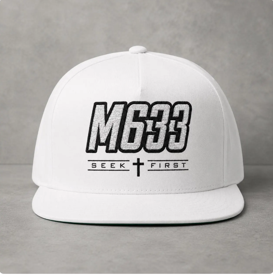 M633 “Seek First” White Christian Snapback Hat | Matthew 6:33 Faith Streetwear Cap