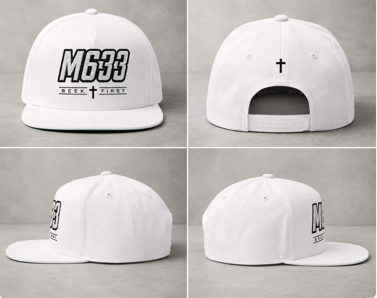 M633 “Seek First” White Christian Snapback Hat | Matthew 6:33 Faith Streetwear Cap