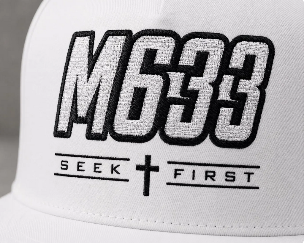 M633 “Seek First” White Christian Snapback Hat | Matthew 6:33 Faith Streetwear Cap