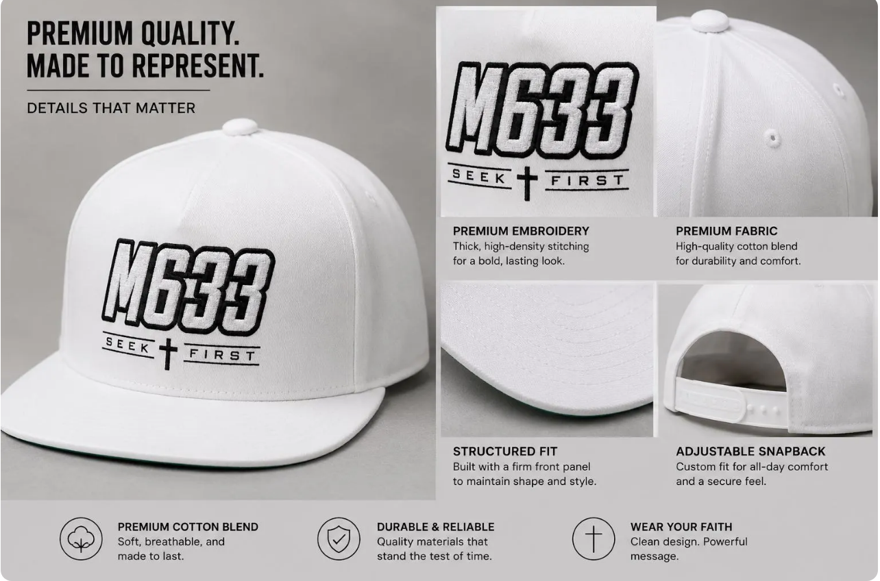 M633 “Seek First” White Christian Snapback Hat | Matthew 6:33 Faith Streetwear Cap
