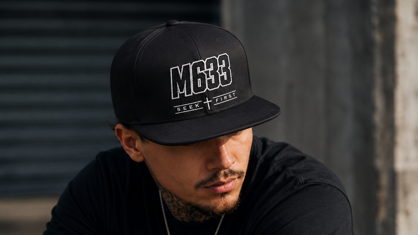 M633 “Seek First” Black Christian Snapback Hat | Matthew 6:33 Faith Streetwear Cap