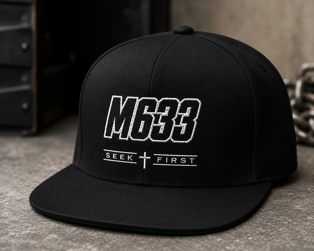M633 “Seek First” Black Christian Snapback Hat | Matthew 6:33 Faith Streetwear Cap
