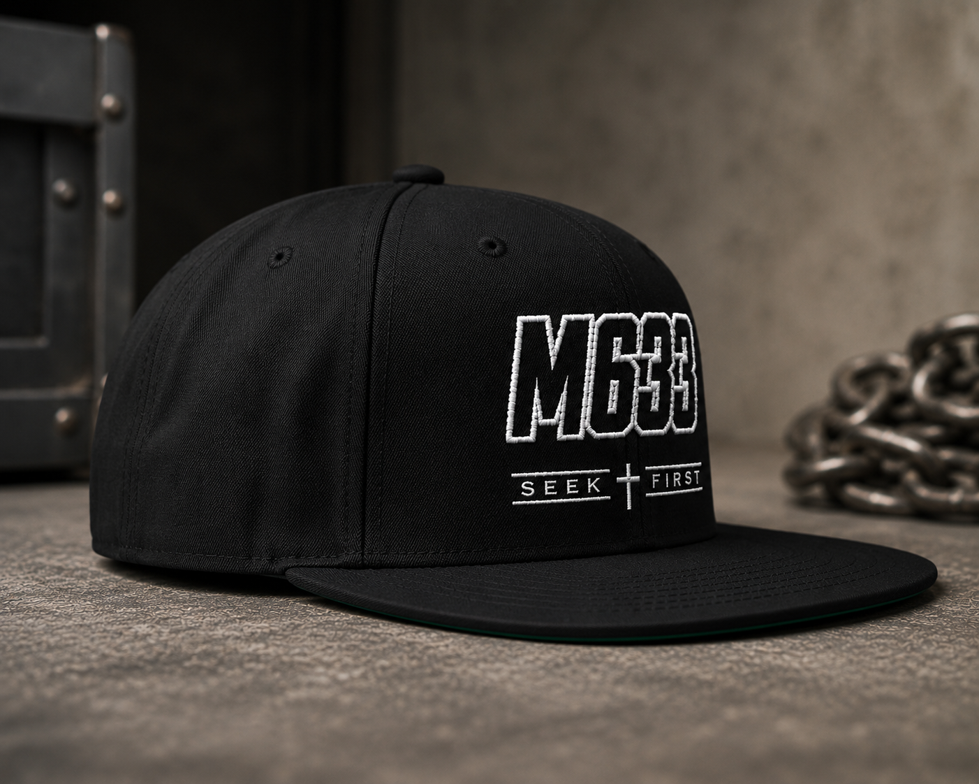 M633 “Seek First” Black Christian Snapback Hat | Matthew 6:33 Faith Streetwear Cap