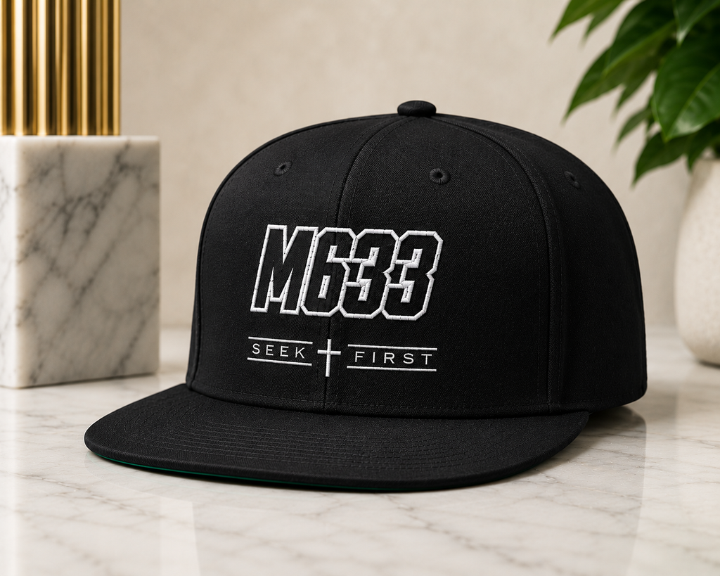 M633 “Seek First” Black Christian Snapback Hat | Matthew 6:33 Faith Streetwear Cap