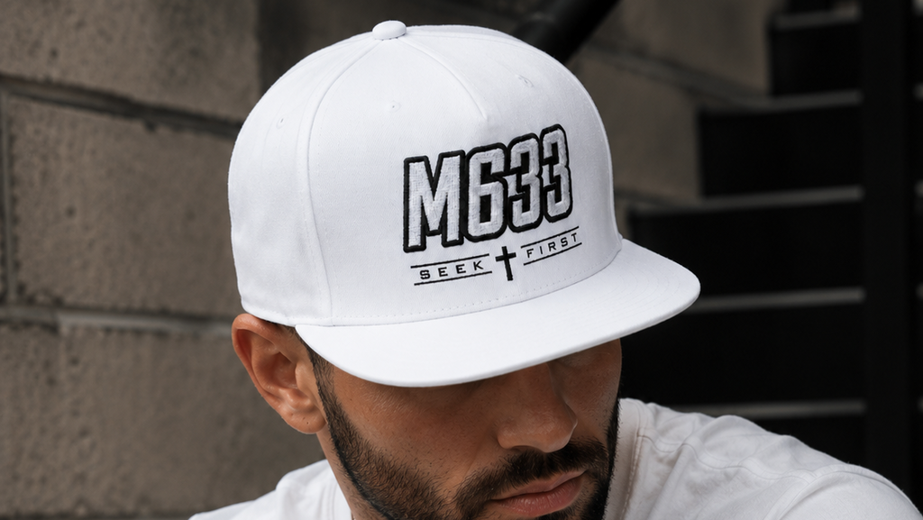 M633 “Seek First” White Christian Snapback Hat | Matthew 6:33 Faith Streetwear Cap