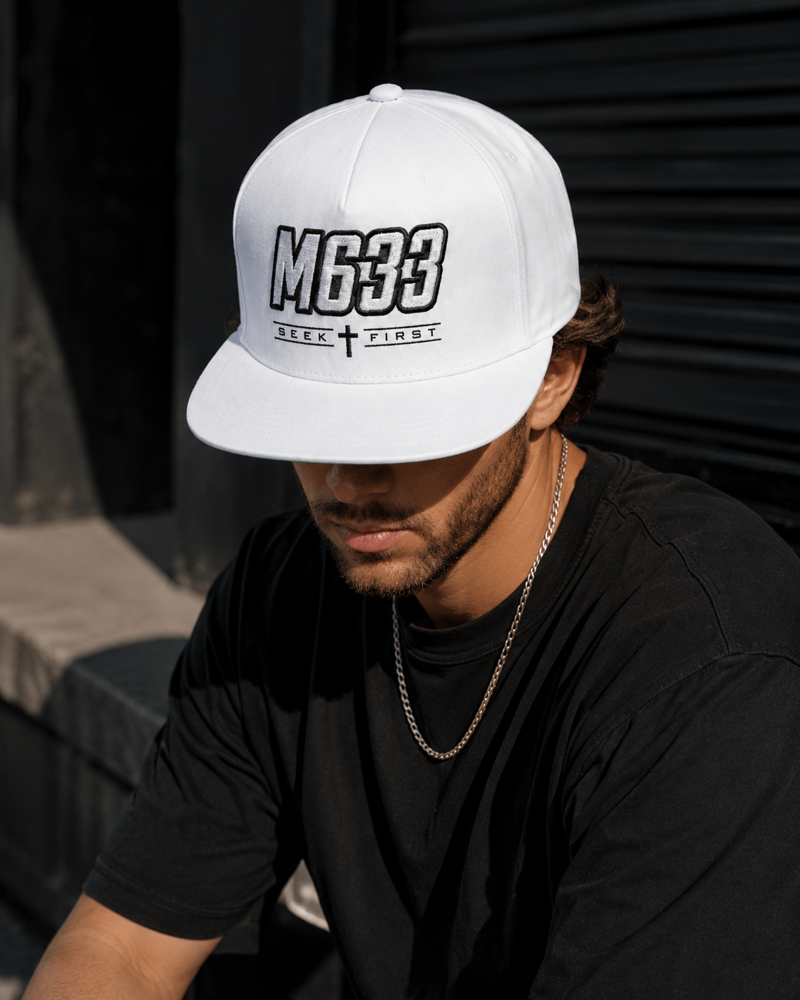 M633 “Seek First” White Christian Snapback Hat | Matthew 6:33 Faith Streetwear Cap
