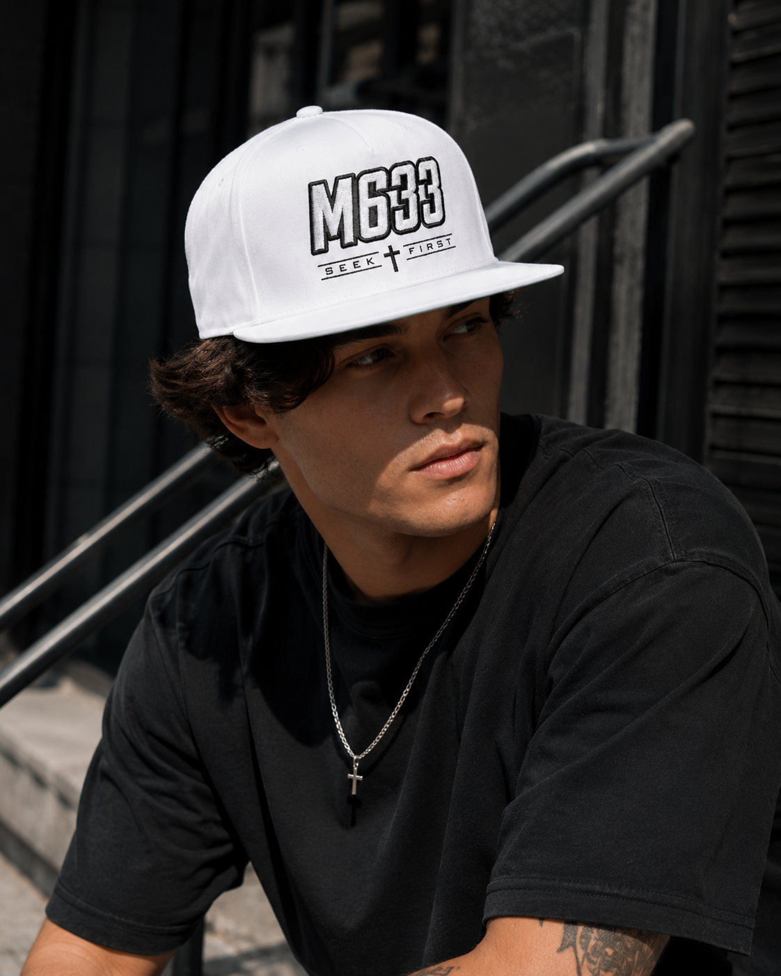M633 “Seek First” White Christian Snapback Hat | Matthew 6:33 Faith Streetwear Cap