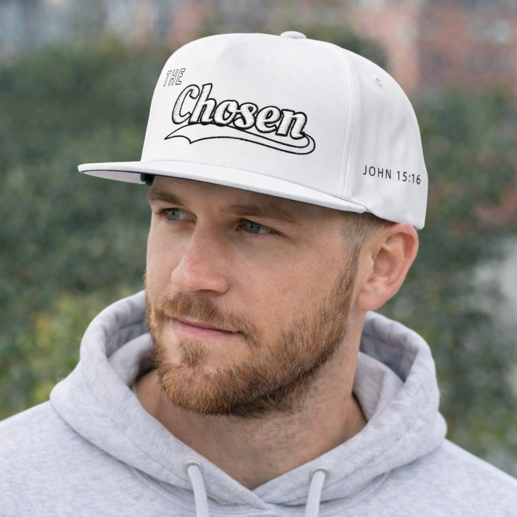 The Chosen Flat Bill Cap- White on white